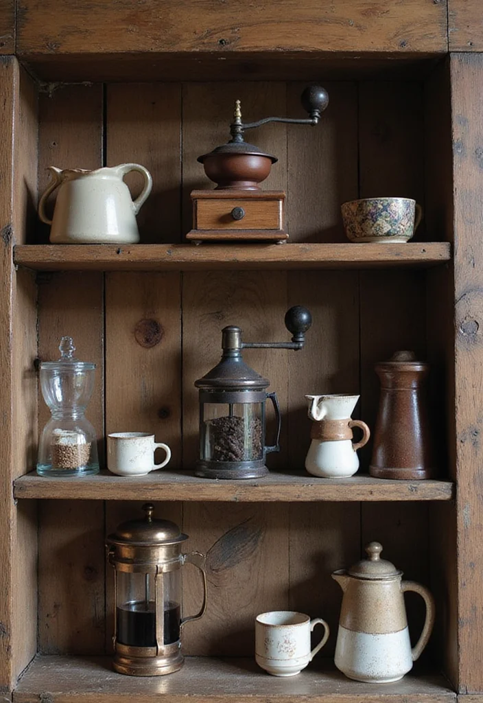 10 Coffee Kitchen Decor Ideas for Warm Cozy Vibes - 6. Vintage Coffee Tools Display