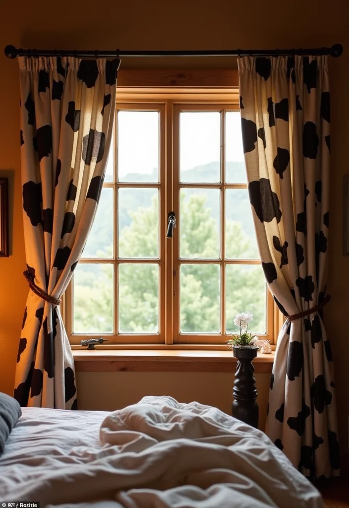 10 Cow Print Bedroom Ideas for Fun Western Flair - 4. Cow Print Curtains