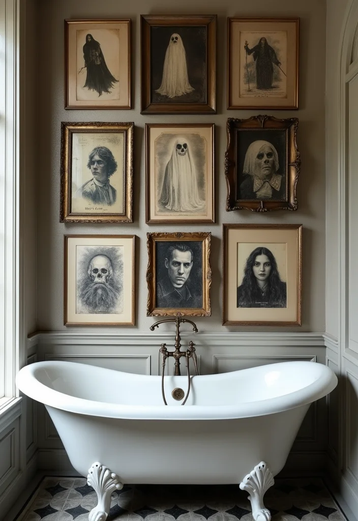 10 Halloween Bathroom Ideas for Fun Spooky Style - 7. Vintage Ghost Wall Art