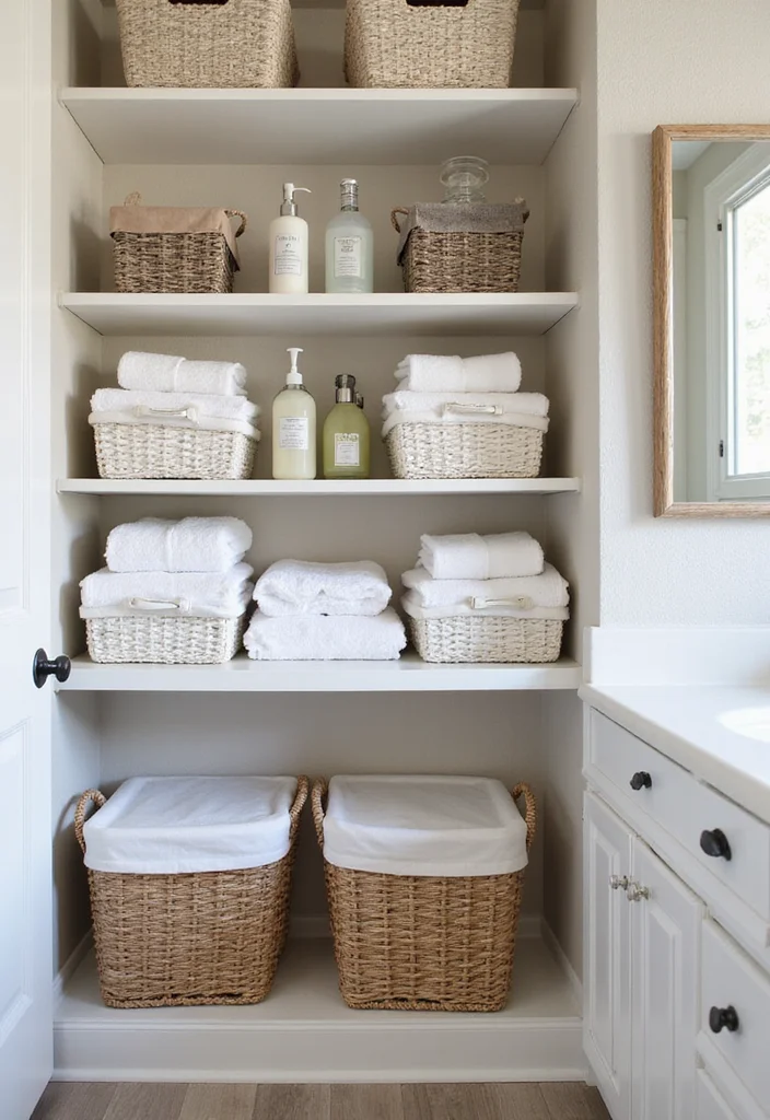 10 Secondary Bathroom Ideas for Practical Everyday Use - 8. Beautiful Baskets for Seamless Storage