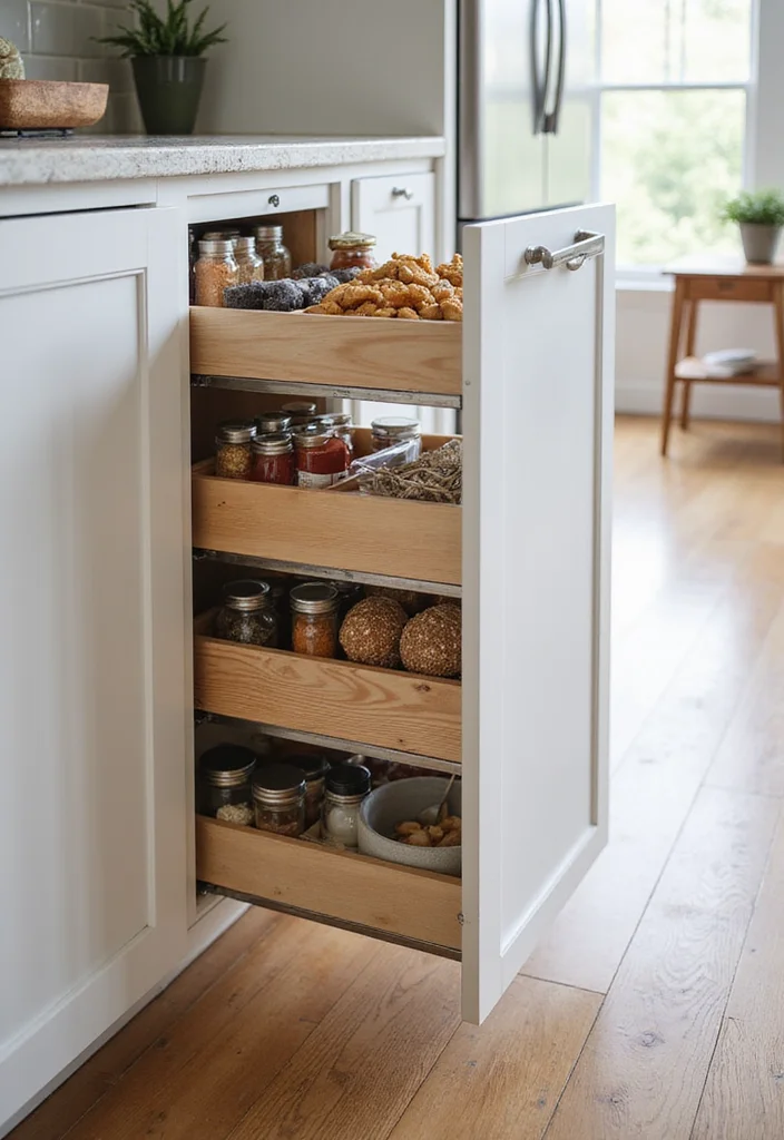 10 Side of Kitchen Cabinet Ideas for Extra Hidden Storage - 1. Pull-Out Pantry Drawers