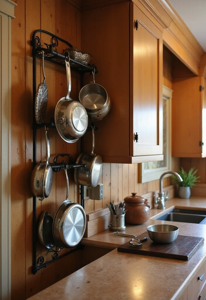 10 Side of Kitchen Cabinet Ideas for Extra Hidden Storage - 5. Hanging Pot Rack