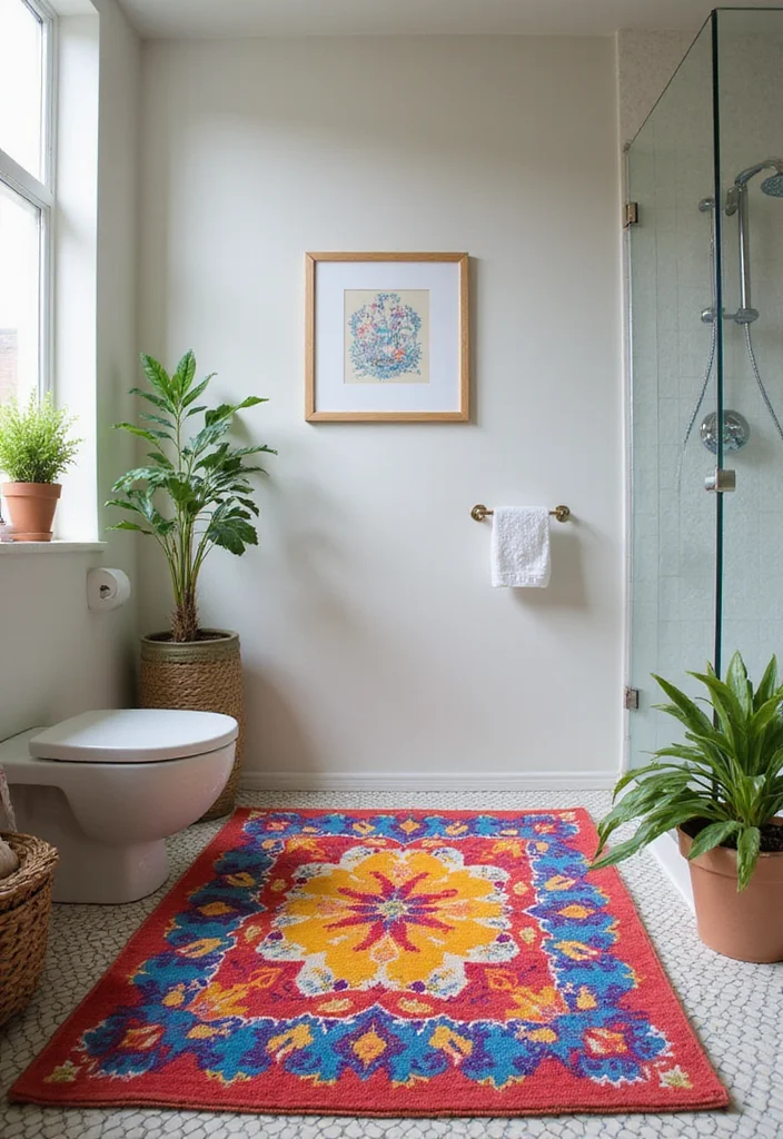 10 Small Bathroom Rug Ideas for Soft Style and Safety - 10. Colorful Patterned Rugs