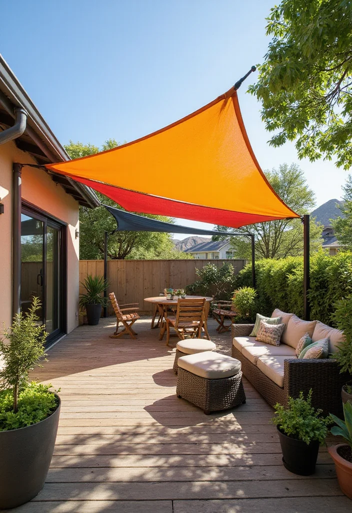 12 Backyard Deck With Roof Ideas for Covered Outdoor Living - 6. Stylish Shade Sail Setup
