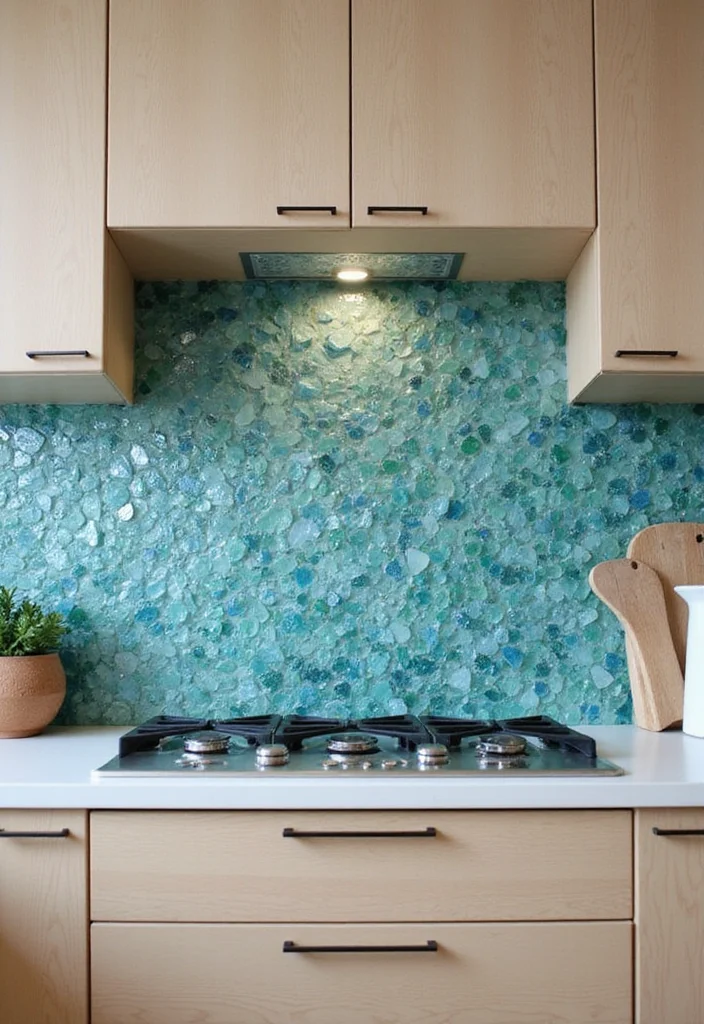 12 Coastal Kitchen Backsplash Ideas for Breezy Natural Texture - 1. Shimmering Sea Glass Mosaic