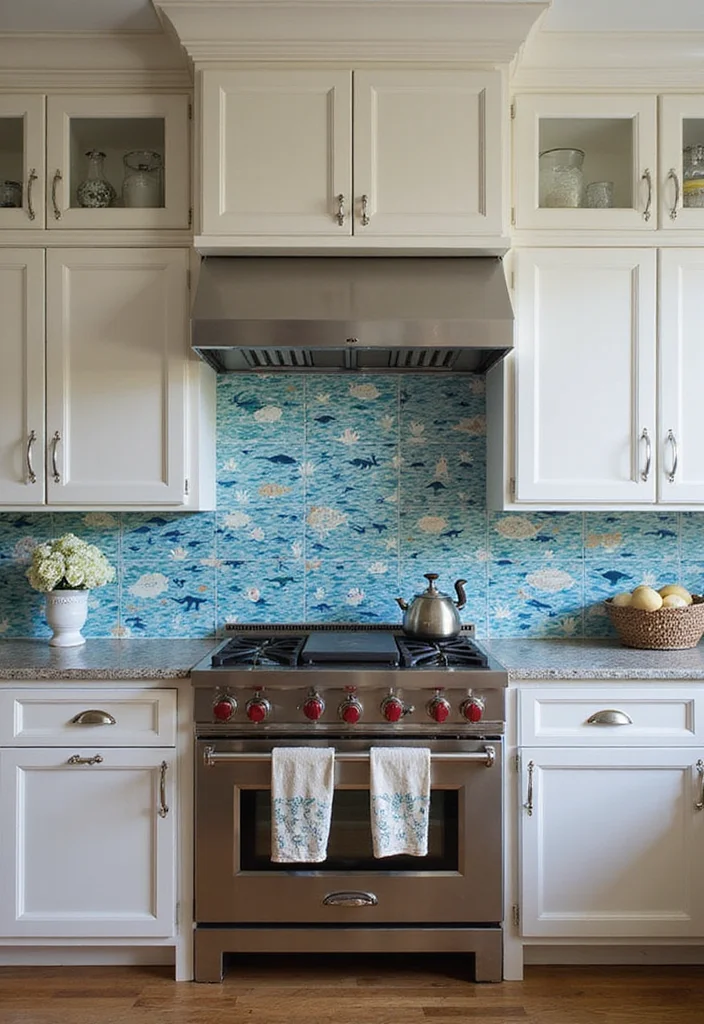 12 Coastal Kitchen Backsplash Ideas for Breezy Natural Texture - 10. Artistic Hand-Painted Tiles