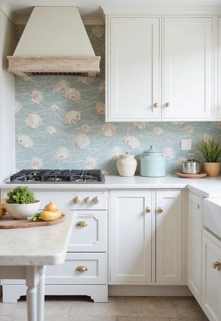 12 Coastal Kitchen Backsplash Ideas for Breezy Natural Texture - 4. Coastal Patterned Wallpaper