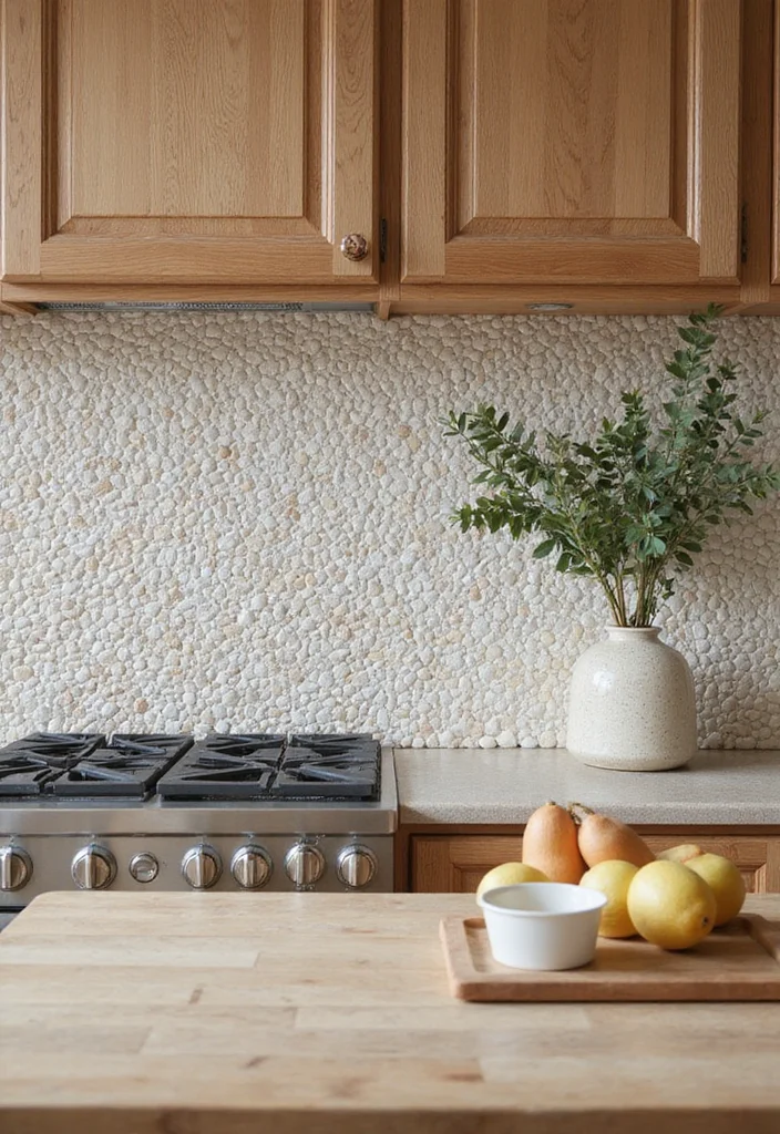 12 Coastal Kitchen Backsplash Ideas for Breezy Natural Texture - 6. Beachy Pebble Mosaic