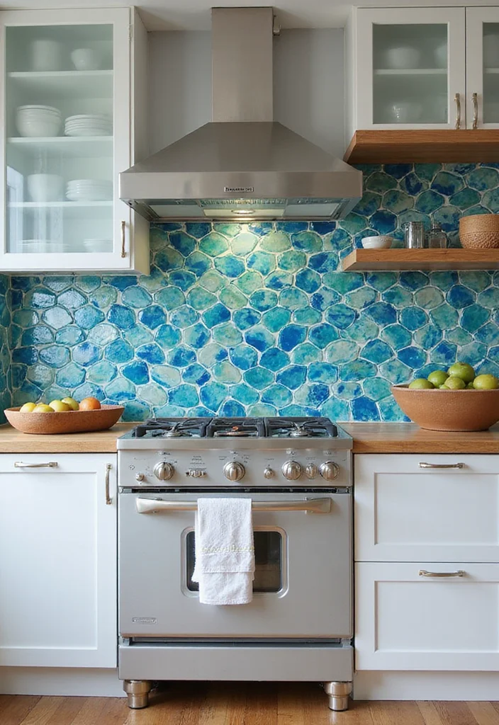 12 Coastal Kitchen Backsplash Ideas for Breezy Natural Texture - 7. Vibrant Glass Tiles