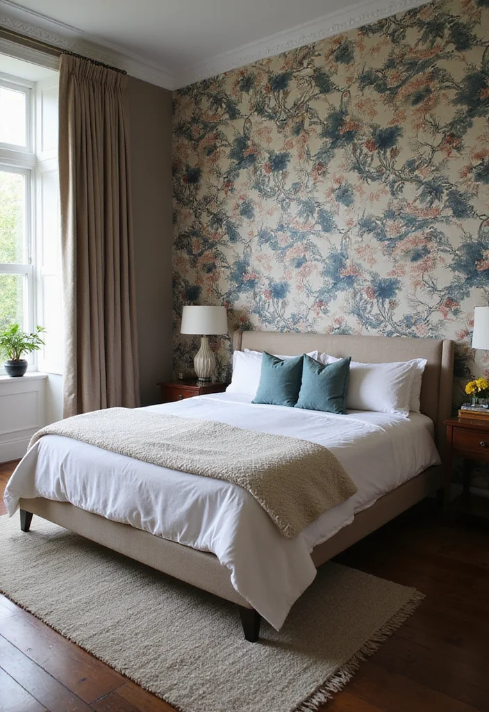 12 Dark Wood Floor Bedroom Ideas for Rich Warm Depth - 11. Bold Wallpaper Choices