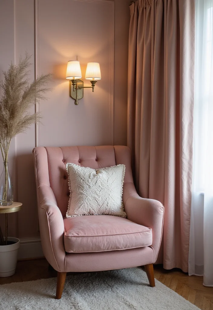 12 Dusty Rose Bedroom Ideas for Soft Romantic Tones - 6. Cozy Reading Nook with Dusty Rose Accents