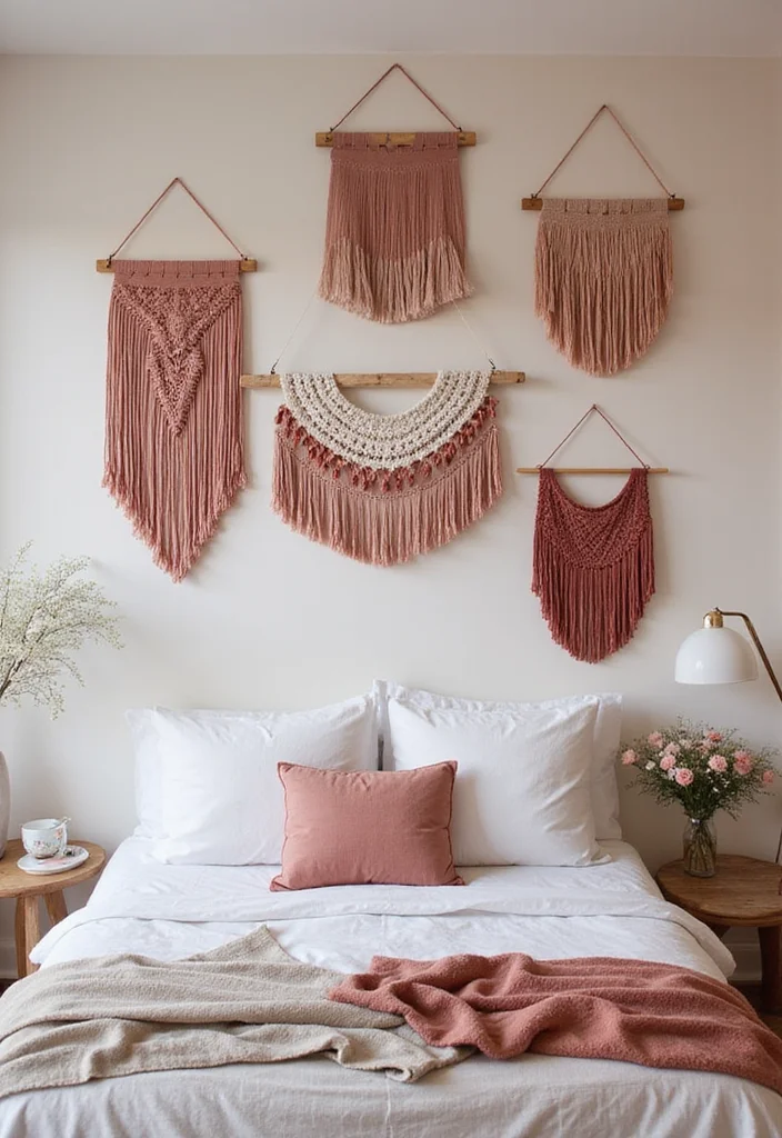 12 Dusty Rose Bedroom Ideas for Soft Romantic Tones - 7. Bohemian Wall Hangings