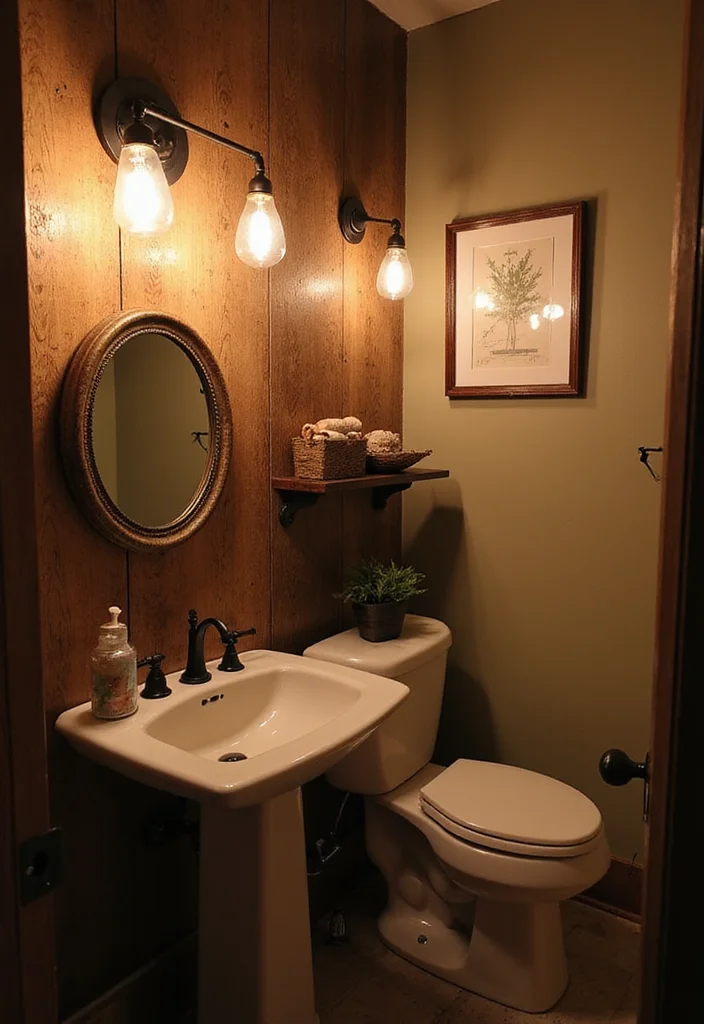 12 Farmhouse Half Bathroom Ideas for Cozy Country Charm - 5. Rustic Lighting Fixtures