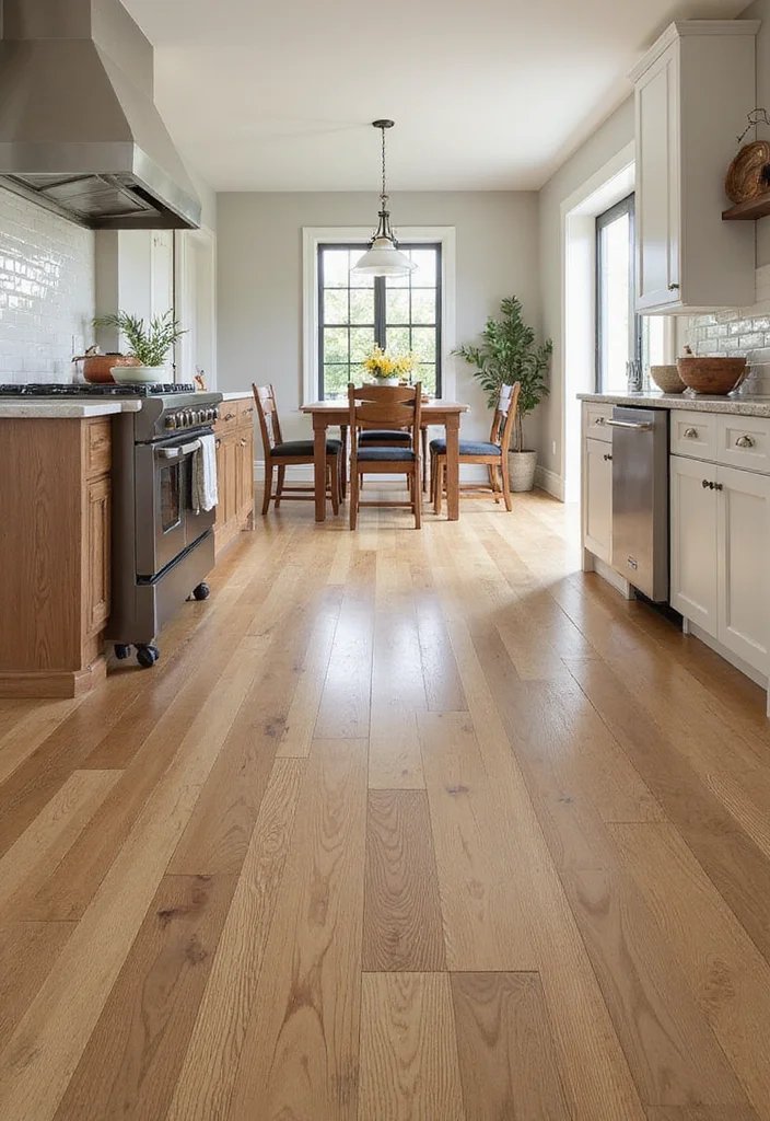 12 Farmhouse Kitchen Flooring Ideas for Rustic Durable Warmth - 3. Wide Plank Oak Flooring