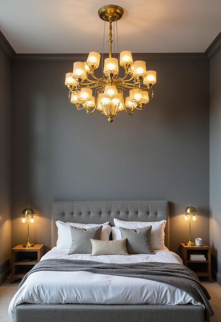 12 Gray and Gold Bedroom Ideas for Elegant Modern Contrast 34 12 Gray and Gold Bedroom Ideas for Elegant Modern Contrast - 4. Statement Lighting in Gold