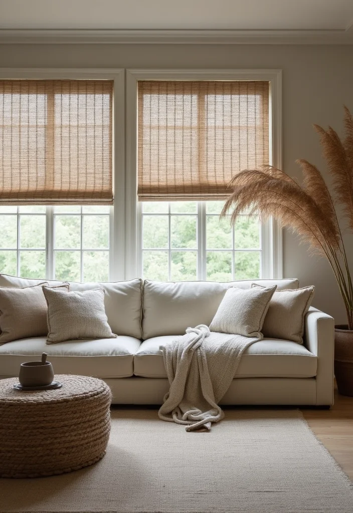 12 Grey Living Room Curtain Ideas for Soft Neutral Style - 11. Grey Bamboo Shades