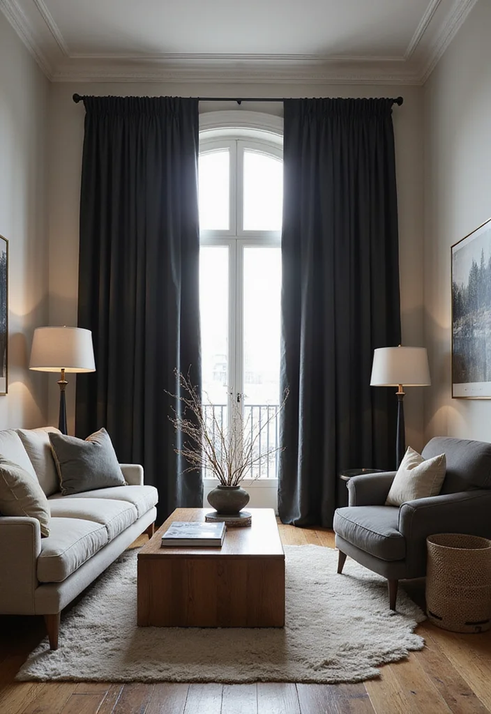12 Grey Living Room Curtain Ideas for Soft Neutral Style - 2. Dark Charcoal Drapes