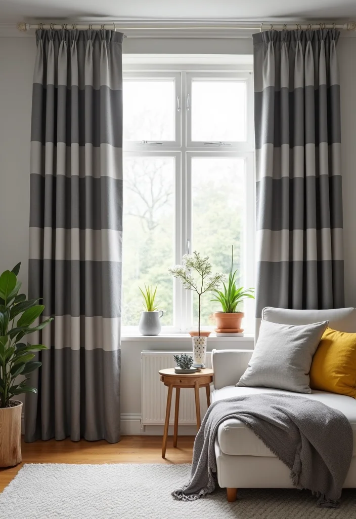12 Grey Living Room Curtain Ideas for Soft Neutral Style - 7. Grey and White Striped Curtains