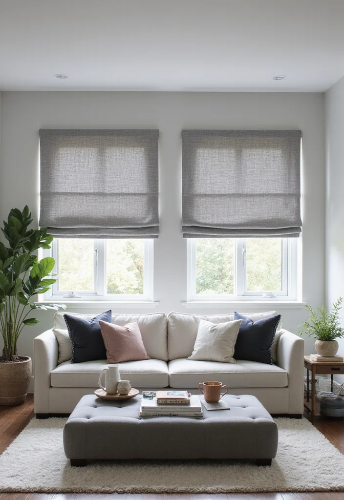 12 Grey Living Room Curtain Ideas for Soft Neutral Style - 8. Grey Roman Shades