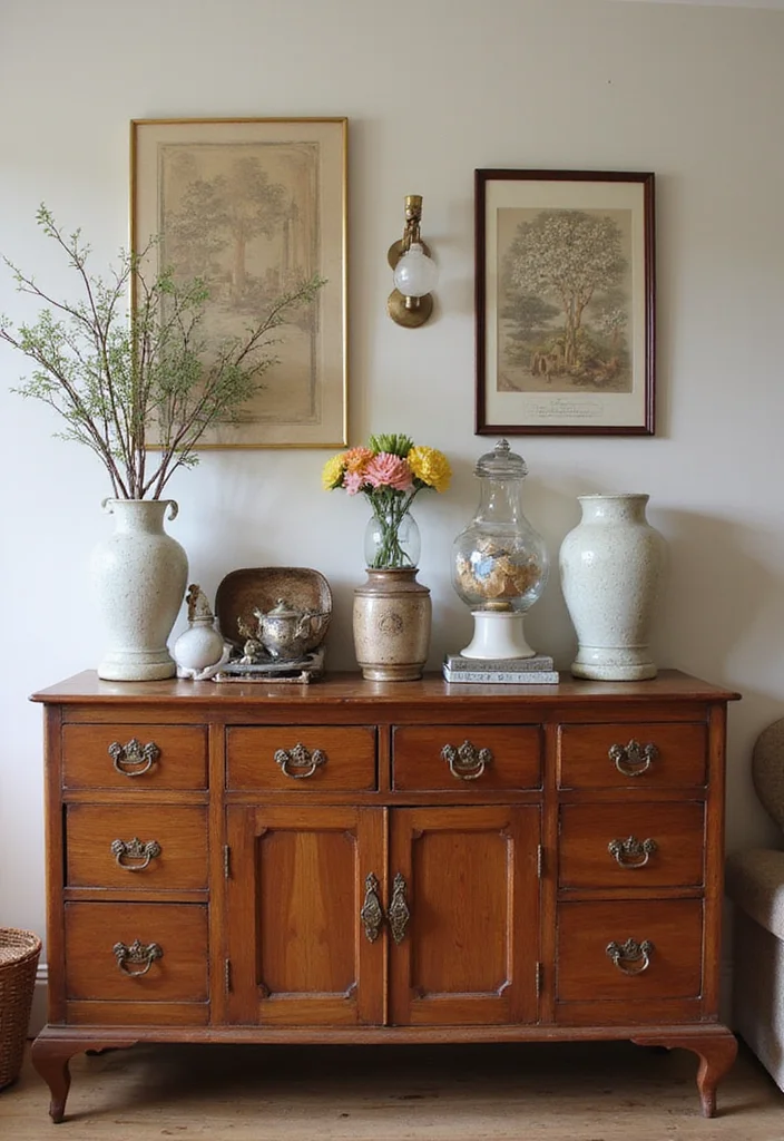 12 Living Room Sideboard Decor Ideas for Stylish Storage Displays - 11. Vintage Finds