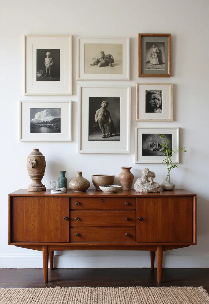 12 Living Room Sideboard Decor Ideas for Stylish Storage Displays - 2. Eclectic Art Display