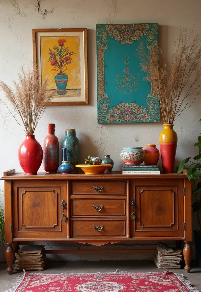 12 Living Room Sideboard Decor Ideas for Stylish Storage Displays - 5. Colorful Accents