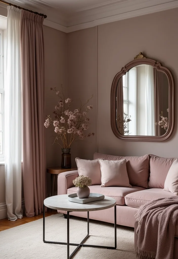 12 Mauve Living Room Ideas for Soft Modern Warmth - 11. Incorporate Mirrors