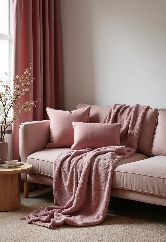 12 Mauve Living Room Ideas for Soft Modern Warmth - 3. Cozy Textiles