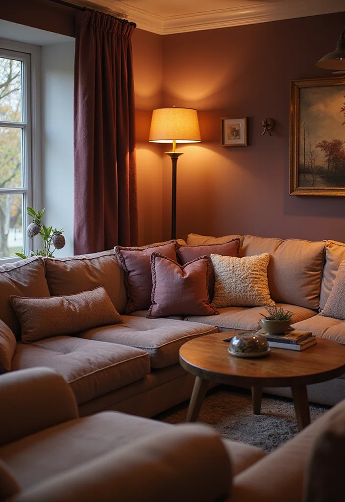 12 Mauve Living Room Ideas for Soft Modern Warmth - 5. Lighting Accents