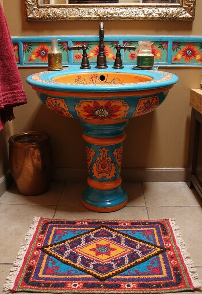 12 Mexican Bathroom Ideas for Vibrant Warm Color - 11. Decorative Bath Mats