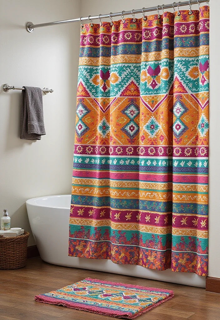 12 Mexican Bathroom Ideas for Vibrant Warm Color - 2. Colorful Shower Curtains