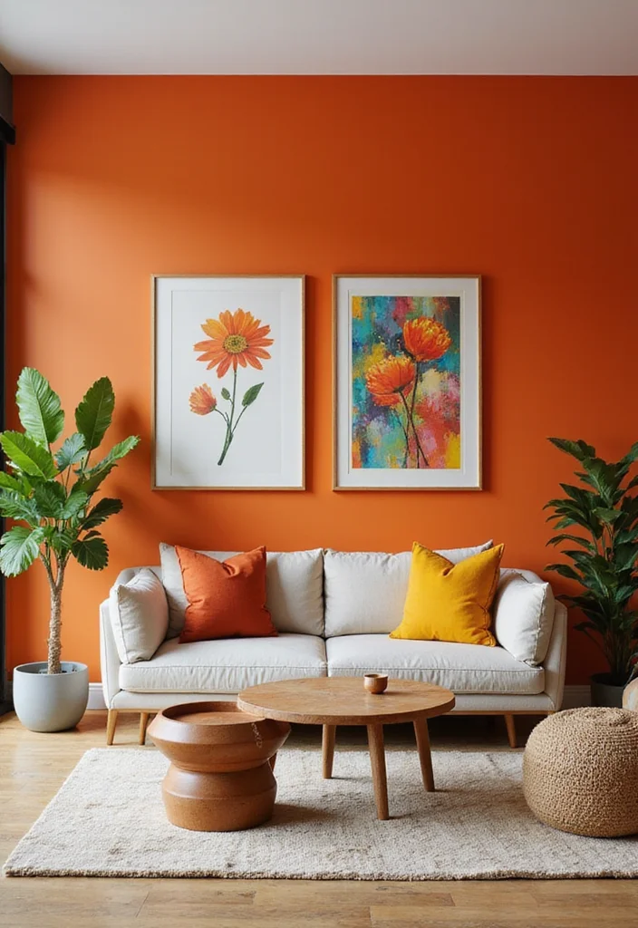12 Orange Living Room Decor Ideas for Bright Energetic Style - 1. Bold Orange Accent Wall