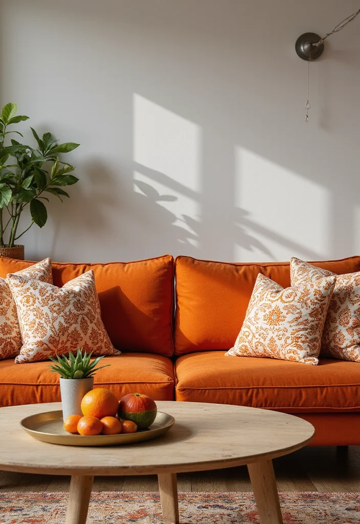12 Orange Living Room Decor Ideas for Bright Energetic Style - 2. Vibrant Orange Sofa