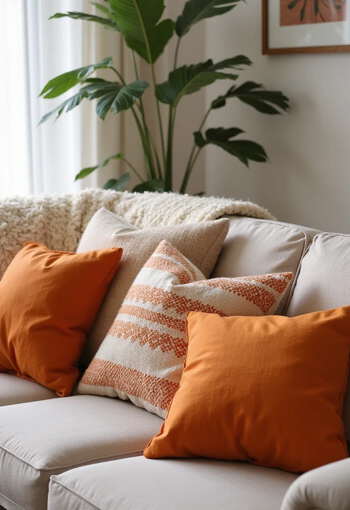 12 Orange Living Room Decor Ideas for Bright Energetic Style - 4. Orange Throw Pillows