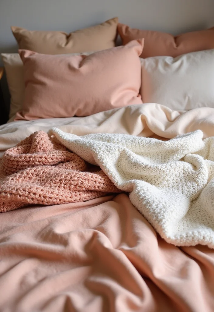 12 Peach Bedroom Ideas for Soft Warm Freshness - 11. Layered Textiles