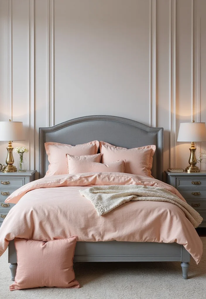 12 Peach Bedroom Ideas for Soft Warm Freshness - 4. Peach and Gray Harmony