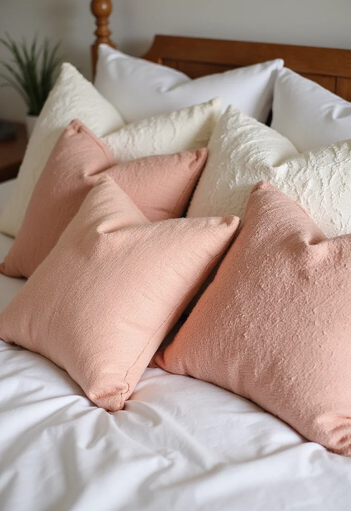 12 Peach Bedroom Ideas for Soft Warm Freshness - 6. Textured Peach Pillows