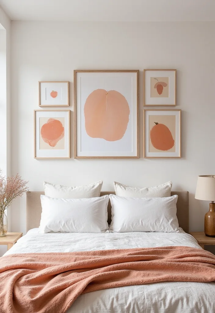 12 Peach Bedroom Ideas for Soft Warm Freshness - 7. Peach-Inspired Wall Art