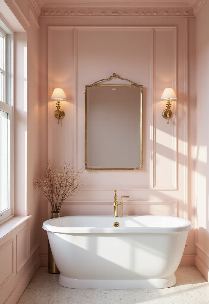 12 Pink and Gold Bathroom Ideas for Chic Feminine Glam - 1. Blush Pink Walls with Gold Accents