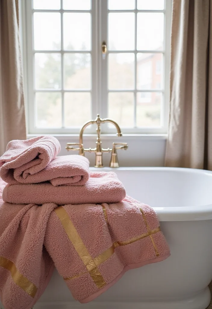 12 Pink and Gold Bathroom Ideas for Chic Feminine Glam - 4. Lush Textiles and Accessories