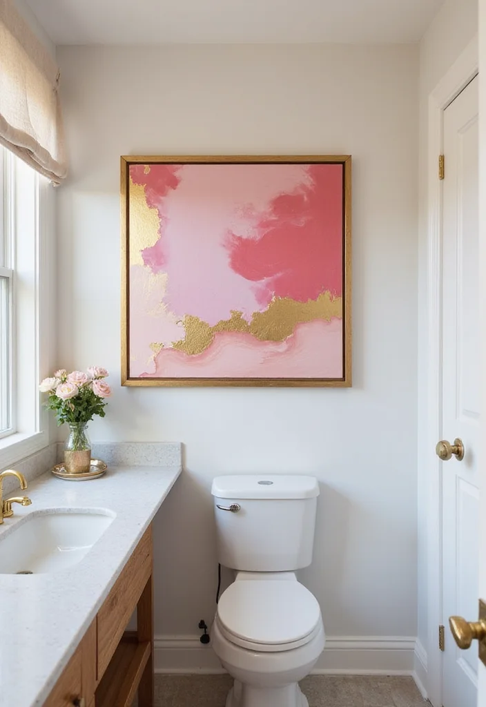 12 Pink and Gold Bathroom Ideas for Chic Feminine Glam - 5. Bold Art and Decor