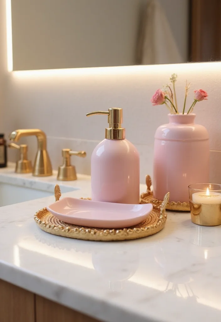 12 Pink and Gold Bathroom Ideas for Chic Feminine Glam - 6. Elegant Bath Accessories
