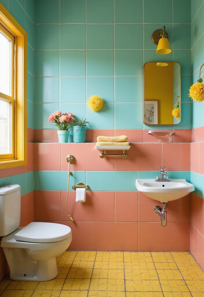 12 Retro Bathroom Ideas for Playful Vintage Character - 1. Bold Color-Block Tiles