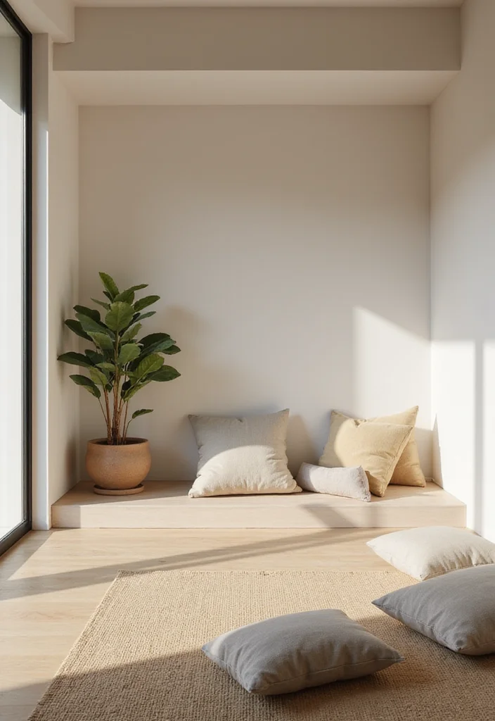 12 Step Down Living Room Ideas for Defined Functional Zones - 10. Minimalist Zen Zone