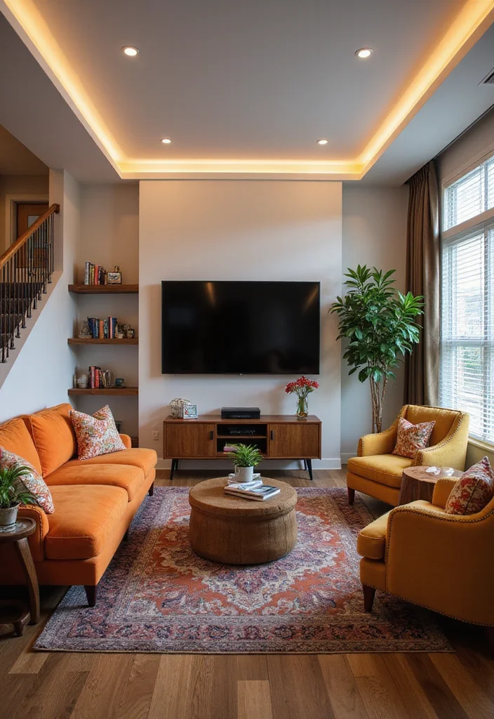 12 Step Down Living Room Ideas for Defined Functional Zones - 2. Vibrant Entertainment Zone