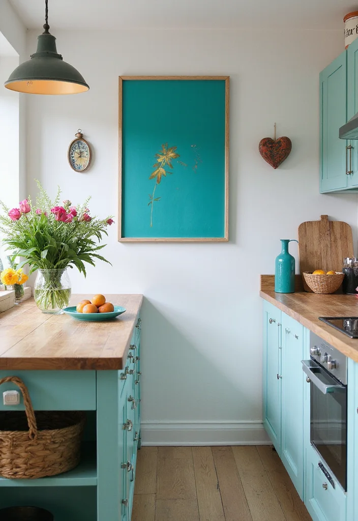 12 Teal Kitchen Ideas for Fresh Bold Color - 10. Teal Wall Art and Decor