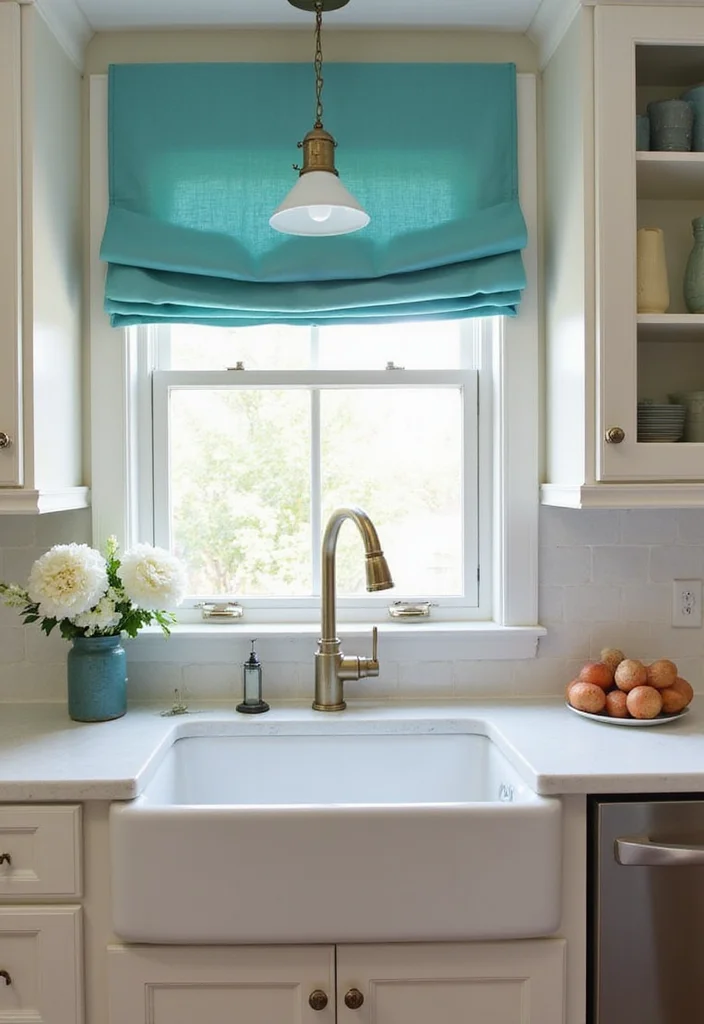 12 Teal Kitchen Ideas for Fresh Bold Color - 12. Teal Window Treatments for Finishing Touches