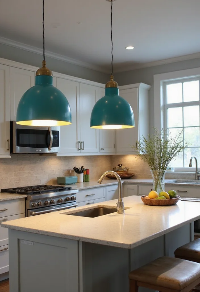12 Teal Kitchen Ideas for Fresh Bold Color - 6. Incorporating Teal via Lighting Fixtures
