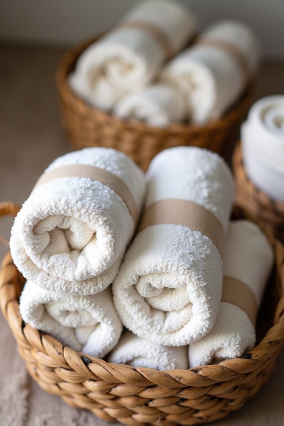 rolling and nesting towels in woven baskets