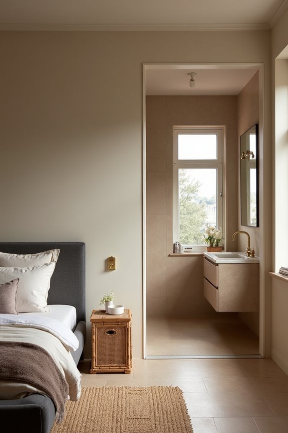 warm cohesive bedroom bathroom harmony